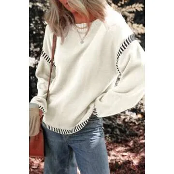 Dokotoo Womens Sweaters Warm Fall Winter Fashion 2024 Oversized Solid Crewneck Long Sleeve Contrast Stitching Chunky Cable Knit Jumper Tops Soft Comfy Relaxed Fit Sweaters for Women White S