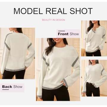 Dokotoo Womens Sweaters Warm Fall Winter Fashion 2024 Oversized Solid Crewneck Long Sleeve Contrast Stitching Chunky Cable Knit Jumper Tops Soft Comfy Relaxed Fit Sweaters for Women White S