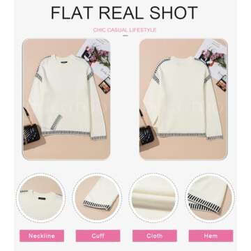 Dokotoo Womens Sweaters Warm Fall Winter Fashion 2024 Oversized Solid Crewneck Long Sleeve Contrast Stitching Chunky Cable Knit Jumper Tops Soft Comfy Relaxed Fit Sweaters for Women White S