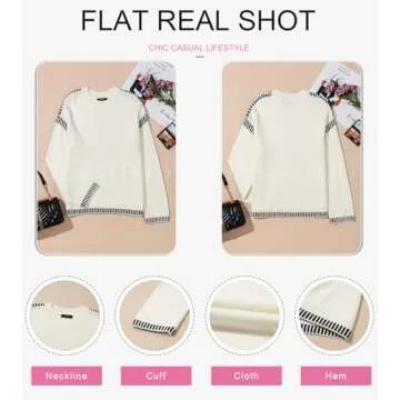 Dokotoo Womens Sweaters Warm Fall Winter Fashion 2024 Oversized Solid Crewneck Long Sleeve Contrast Stitching Chunky Cable Knit Jumper Tops Soft Comfy Relaxed Fit Sweaters for Women White S