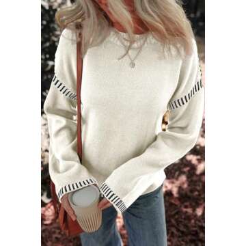 Dokotoo Womens Sweaters Warm Fall Winter Fashion 2024 Oversized Solid Crewneck Long Sleeve Contrast Stitching Chunky Cable Knit Jumper Tops Soft Comfy Relaxed Fit Sweaters for Women White S