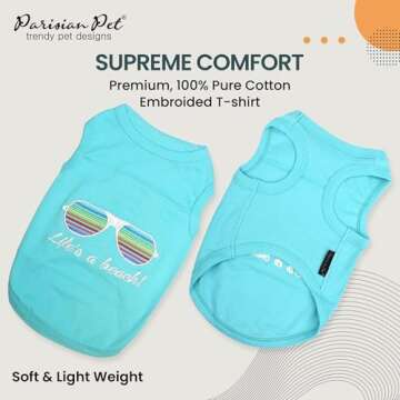 Parisian Pet Dog Tshirt - Embroidered “Life’s a Beach“ Dog Shirt - Lightweight Dog Tank Top- 1...