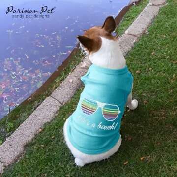 Parisian Pet Dog Tshirt - Embroidered “Life’s a Beach“ Dog Shirt - Lightweight Dog Tank Top- 100% Cotton, Dog Tee Shirts - Summer Dog Clothes - Machine Washable Dog Shirt for Large Dogs - L