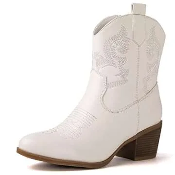 GLOBALWIN Women's White Cowgirl Boots Ankle To Mid Calf Fashion Western Cowboy Boots For Women Chunk...