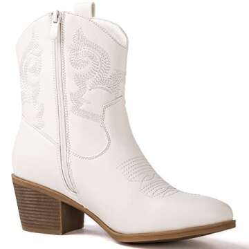 GLOBALWIN Women's White Cowgirl Boots Ankle To Mid Calf Fashion Western Cowboy Boots For Women Chunky Low Heel Size 7M