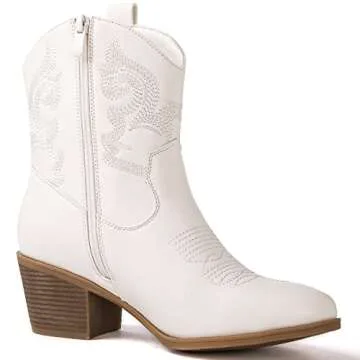 GLOBALWIN Women's White Cowgirl Boots Ankle To Mid Calf Fashion Western Cowboy Boots For Women Chunky Low Heel Size 7M