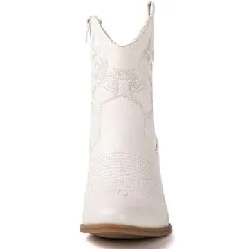 GLOBALWIN Women's White Cowgirl Boots Ankle To Mid Calf Fashion Western Cowboy Boots For Women Chunky Low Heel Size 7M