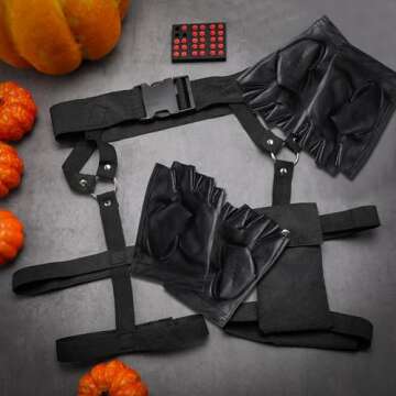 Kathfly 2 Pieces Women's Multi Strap Garter and One Pair of Leather Gloves Black Pocket Utility Belt Costume Accessory Adjustable Leg Straps for Halloween Party