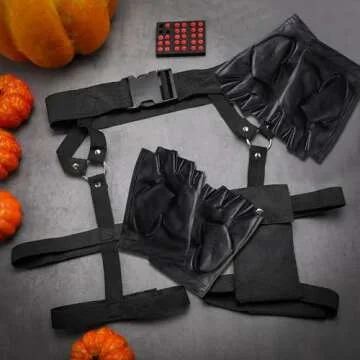 Kathfly 2 Pieces Women's Multi Strap Garter and One Pair of Leather Gloves Black Pocket Utility Belt Costume Accessory Adjustable Leg Straps for Halloween Party