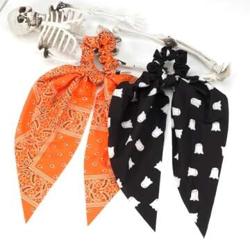 Halloween Hair Ties for Woman Girls Fall Orange Bandana Hair Scrunchies Spooky Ghost Elastic Ribbon ...
