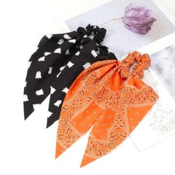 Halloween Hair Ties for Woman Girls Fall Orange Bandana Hair Scrunchies Spooky Ghost Elastic Ribbon Bow Hair Tie Autumn Halloween Party Supplies Hair Accessories 2PCS