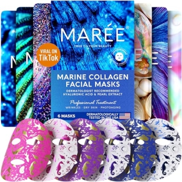 MAREE Collagen Face Mask with Hyaluronic Acid - Sheet Face Masks Skincare with Green & Red Algae Ext...
