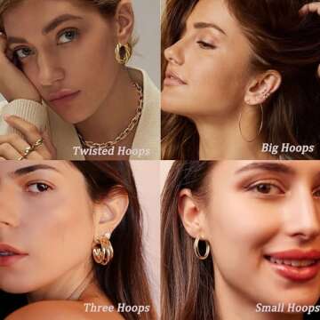 46 Pairs Gold Hoop Earrings Set for Women, Fashion Hypoallergenic Chunky Twisted Pearl Stud Earrings Multipack, Small Big Hoops Earring Packs Trendy for Christmas Birthday Party Jewelry Gift