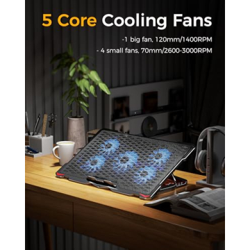 AICHESON Laptop Cooling Pad 5 Fans Up to 17.3 Inch Heavy Notebook Cooler, Blue LED Lights, 2 USB Ports, S035, Blue-5fans