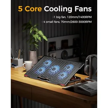 AICHESON Laptop Cooling Pad 5 Fans Up to 17.3 Inch Heavy Notebook Cooler, Blue LED Lights, 2 USB Ports, S035, Blue-5fans