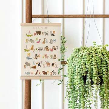MAQIKA ABC Alphabet Nursery Poster Framed with Wood Hanger,Alphabet Banner, Alphabet Poster for Toddlers, Kids Abc Animal Hanging Wall Decor,Nursery Canvas Wall Art Paints for Nursery Kids 12x16 Inch