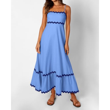 dowerme Women's Casual Boho Maxi Dress with Spaghetti Straps
