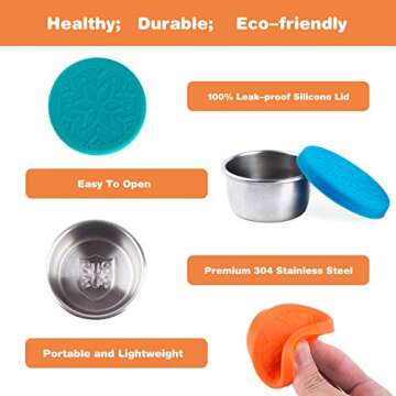 LALASTAR Salad Dressing Container To Go, 4x1.6oz Stainless Steel Condiment Containers with Lids, Premium Silicone, Leakproof and Reusable Small Containers with Lids