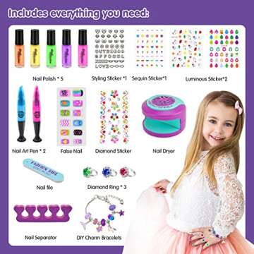 BATTOP Kids Nail Polish Set for Girls - Nail Art Kit for Girls Ages 7-12 with Kids Nail Dryer & Fake Nail & Nail Sticker & Water Based Nail Polish Nail Art Pen - Toys Gifts for Girls Ages 6-12