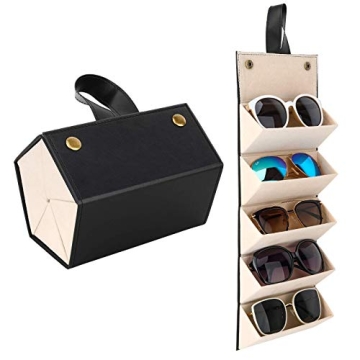 Mowsug Multiple Travel Sunglasses Organizer Case - PU Leather Hanging Foldable Eyeglasses Case Stora...