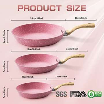 Frying Pan Nonstick Set, 8" & 9.5" & 11" Pink Egg Pan, Non Stick Fry Pan Set PFOA-Free Omelet Pan, T...