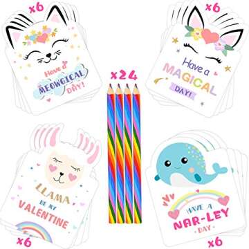 Valentines Day Cards for Kids - Set of 24 Rainbow Pencils Unicorn Valentines - Class Party Favors Va...