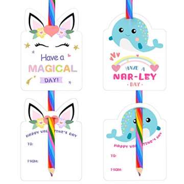 Valentines Day Cards for Kids - Set of 24 Rainbow Pencils Unicorn Valentines - Class Party Favors Valentine day cards Exchange Bulk for Girls Boys School Classroom Supplies