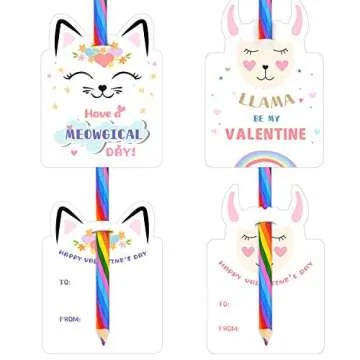 Rainbow Pencil Unicorn Valentines Cards - 24 Pack