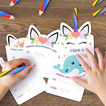 Valentines Day Cards for Kids - Set of 24 Rainbow Pencils Unicorn Valentines - Class Party Favors Valentine day cards Exchange Bulk for Girls Boys School Classroom Supplies