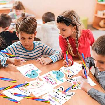 Valentines Day Cards for Kids - Set of 24 Rainbow Pencils Unicorn Valentines - Class Party Favors Valentine day cards Exchange Bulk for Girls Boys School Classroom Supplies