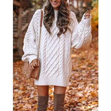 Lady Rabbit Women's Loose Crewneck Oversized Long Pullover Sweater Dress Slouchy Chunky Cable Knit Sweaters (White, Medium)
