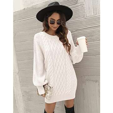 Lady Rabbit Women's Loose Crewneck Oversized Long Pullover Sweater Dress Slouchy Chunky Cable Knit Sweaters (White, Medium)