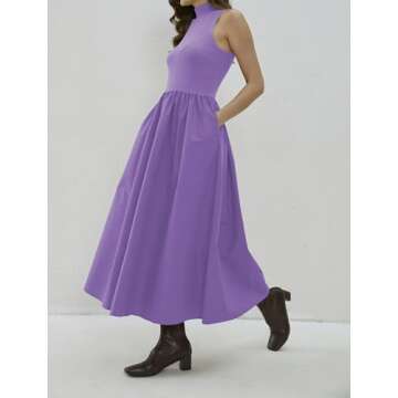 Lauweion Women's Summer Sleeveless Turtleneck Maxi Dress Patchwork Casual Flowy Mock Neck Tank Top Dress with Pockets Purple
