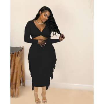 Winter Jumpsuits for Women - Sexy Two Piece Outfits Clubwear Long Sleeve Crop Top Skirt Set Homecoming Dresses V Neck Black XXL