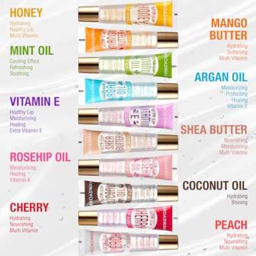 Ruby Kisses Broadway Vita-Lip Clear Lip Gloss Moisturizing Hydrating Nourishing Long Lasting High Shine Gloss (Honey, Argan Oil, Shea Butter, Mango Butter, Vitamin E, Cherry, Peach)