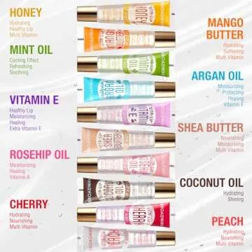 Ruby Kisses Broadway Vita-Lip Clear Lip Gloss Moisturizing Hydrating Nourishing Long Lasting High Shine Gloss (Honey, Argan Oil, Shea Butter, Mango Butter, Vitamin E, Cherry, Peach)