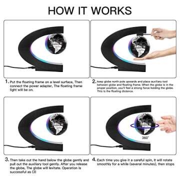 Gresus Magnetic Levitation Floating World Map Globe with C Shape Base, Floating Globe with LED Lights, Great Fathers Students Teacher Business Boyfriend Birthday Gift for Desk Decoration （Black)