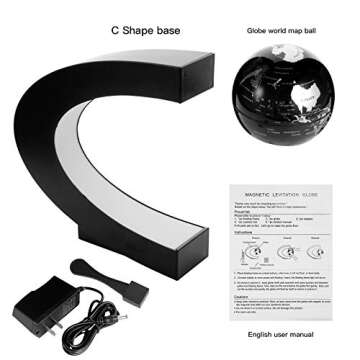 Gresus Magnetic Levitation Floating World Map Globe with C Shape Base, Floating Globe with LED Lights, Great Fathers Students Teacher Business Boyfriend Birthday Gift for Desk Decoration （Black)