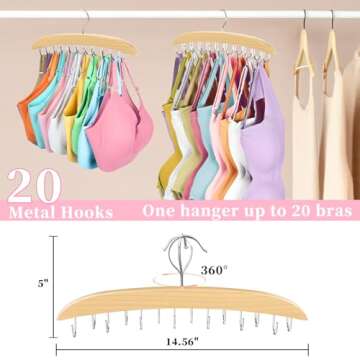 Bra Organizer for Closet, 360° Rotating Bra Hanger Space Saving w/20 Foldable Metal Hooks, Tank Top...