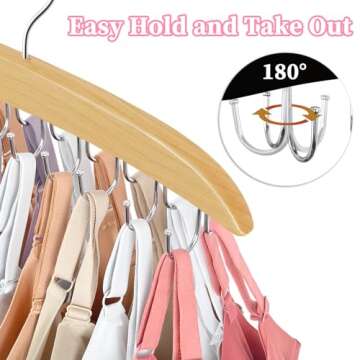 Bra Organizer for Closet, 360° Rotating Bra Hanger Space Saving w/20 Foldable Metal Hooks, Tank Top Hanger Closet Organizers and Storage for Camisoles/Tank Tops/Bras/Belts/Scarves Wood