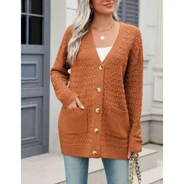 Zeagoo Womens 2025 Long Sleeve Chunky Cable Knit Fall Cardigans Sweaters Button Down Open Front Outerwear with Pockets Brown Large