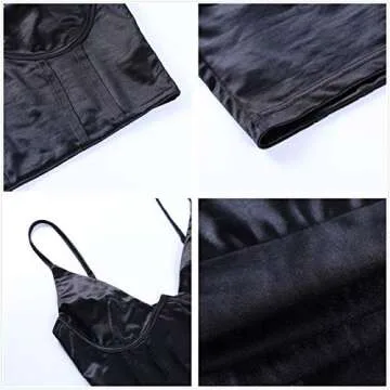 SAFRISIOR Women Spaghetti Strap V Neck Bustier Corset Top Sleeveless Slim Sexy Crop Cami Top Clubwear Party Crop Top Outwear Black