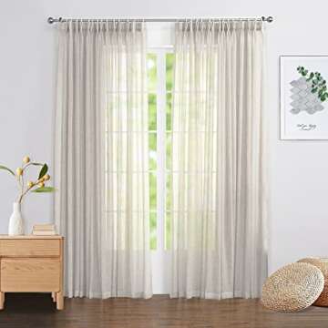 LANTIME Beige Semi Sheer Curtains, Faux Linen Double Pleated Extra Long Window Sheer Curtains Panels...