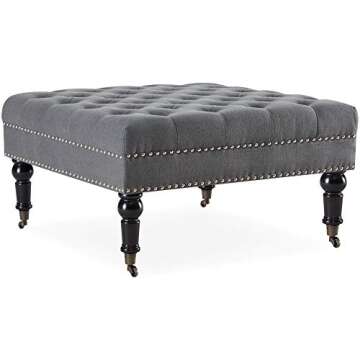 BELLEZE Modern 34 Inch Square Linen Ottoman with Caster Wheels, Contemporary Classic Footsool Bench with Button Tufted Top, Nailhead Trim, Wood Legs - Ravenna (Deep Grey)