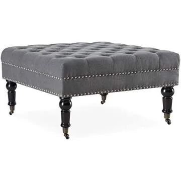 BELLEZE Modern 34 Inch Square Linen Ottoman with Caster Wheels, Contemporary Classic Footsool Bench with Button Tufted Top, Nailhead Trim, Wood Legs - Ravenna (Deep Grey)