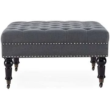 BELLEZE Modern 34 Inch Square Linen Ottoman with Caster Wheels, Contemporary Classic Footsool Bench with Button Tufted Top, Nailhead Trim, Wood Legs - Ravenna (Deep Grey)