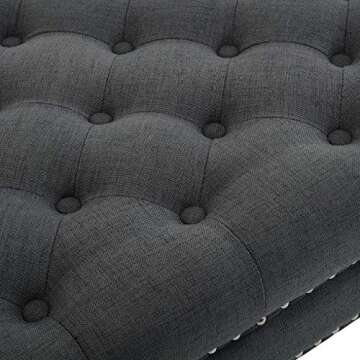 BELLEZE Modern 34 Inch Square Linen Ottoman with Caster Wheels, Contemporary Classic Footsool Bench with Button Tufted Top, Nailhead Trim, Wood Legs - Ravenna (Deep Grey)