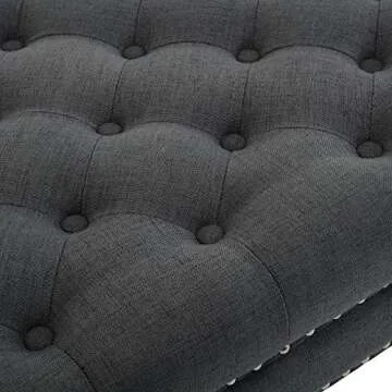 BELLEZE Modern 34 Inch Square Linen Ottoman with Caster Wheels, Contemporary Classic Footsool Bench with Button Tufted Top, Nailhead Trim, Wood Legs - Ravenna (Deep Grey)