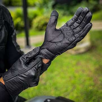 Harssiney Leather Motorcycle Gloves for Men,Riding Driving Biker Racing Motorbike Glove Touchscreen with Hard Knuckle Protection,Black,Size L