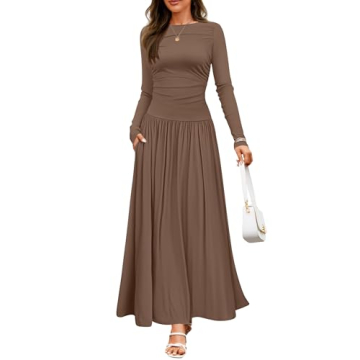 ZESICA Women's Long Sleeve Spring Maxi Dress 2025 Crewneck Knit Casual Slim Swing Pleated Dresses wi...